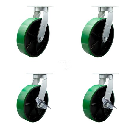 Service Caster 12'' Heavy Duty Green Poly on Cast Iron Wheel Swivel Caster Set with 2 Brakes, 4PK CRAN-SCC-KP92S1230-PUR-GB-2-SLB-2